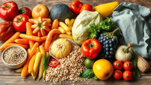 Assorted high fiber foods displayed on a wooden table.