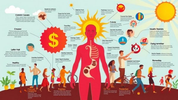 Infographic on causes of high body heat, remedies included.