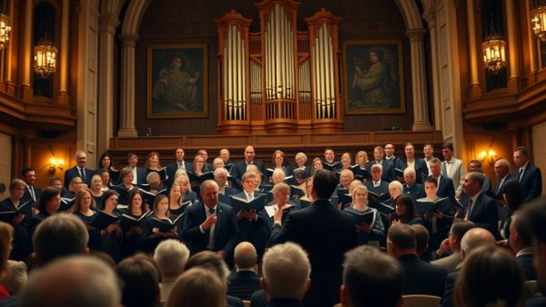 Kansas City Chorale performing in elegant hall with grand organ backdrop.