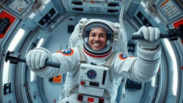 Astronaut performing strength training in space, smiling during exercise