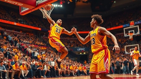 Lakers players in action, showcasing teamwork and skill.