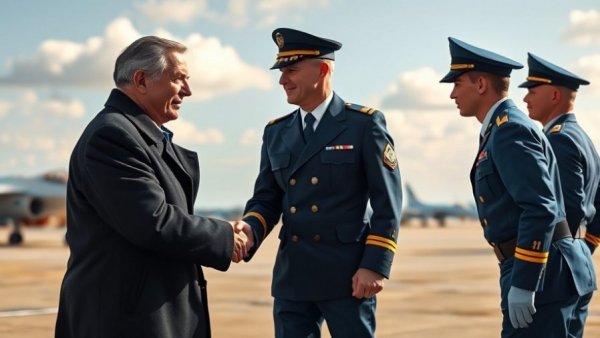 Prominent figure shaking hands with military officer at airport - trump news conference.