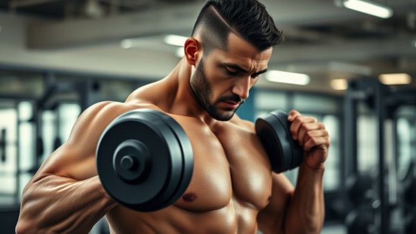 Man doing shoulder workout with dumbbells in gym.