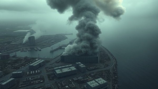 Aerial view of damage from Iran War with smoke and destruction, satellite imagery.