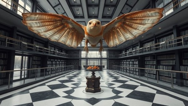 Surreal flying creature in Kansas City's modern library