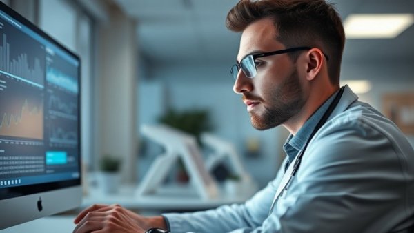 Doctor using AI technology for cancer detection in medical office.