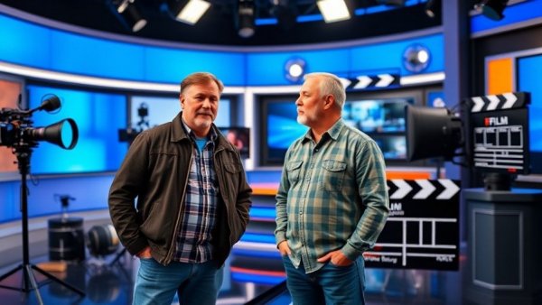 Two men in a TV studio discussing film, vibrant set with film graphics.