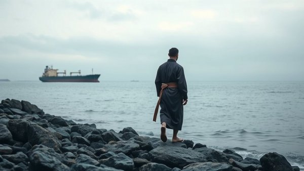 Man on shore with tankers in Strait of Hormuz background