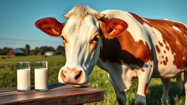 Jersey cow beside milk bottle and glass in green pasture, highlighting health benefits.
