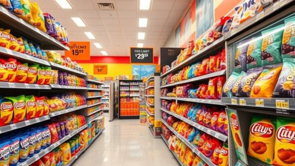 Walmart store aisle with snacks and promotional pricing signs.
