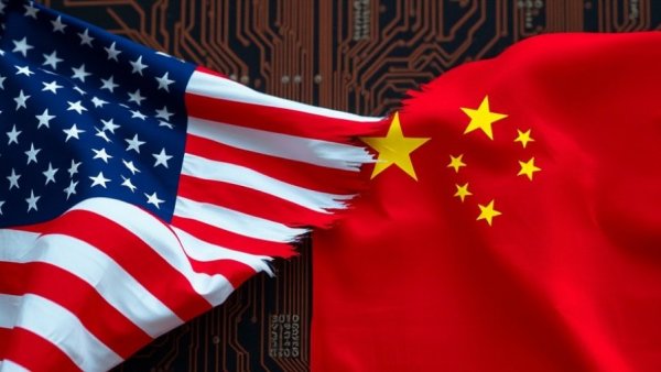 Flags of the US and China on circuit board, symbolizing AI arms race.