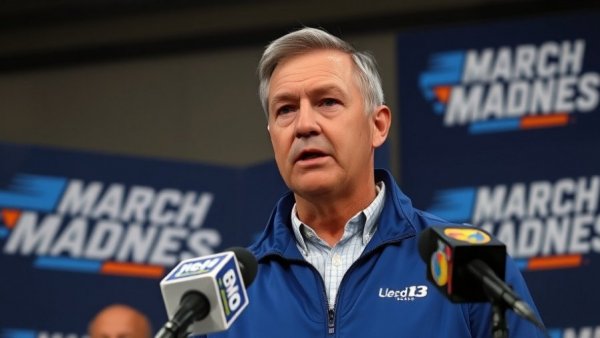 Press conference during March Madness with a man in blue jacket.
