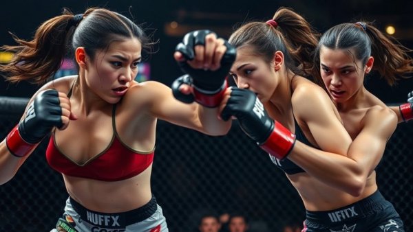 Female fighters demonstrating strength and performance in MMA cage.
