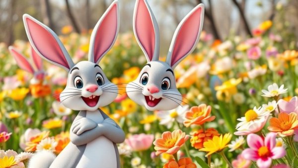 Colorful Easter bunny cartoon in a spring garden, Kansas City.