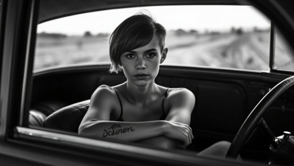 Contemplative young woman in vintage car, live music Kansas City vibe.