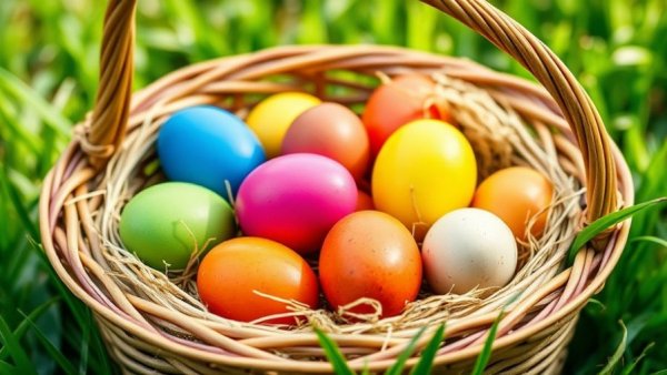 Colorful Easter eggs in a basket on grass at Kansas City event.