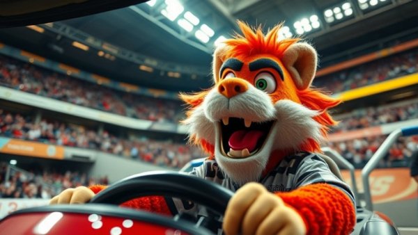 Kansas City Chiefs mascot KC Wolf driving in a stadium.