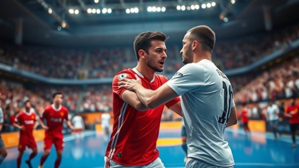 Intense soccer game scene with players confronting each other.