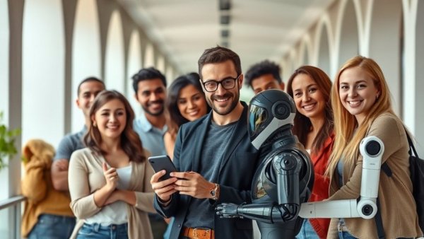 Diverse group with AI chatbot and a robot interaction, modern setting.