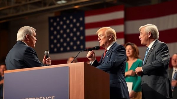 Political figures discussing Trump CPAC poll results at event.
