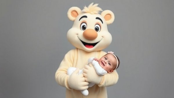 Kansas City Chiefs Mascot with baby, cheerful studio setting.