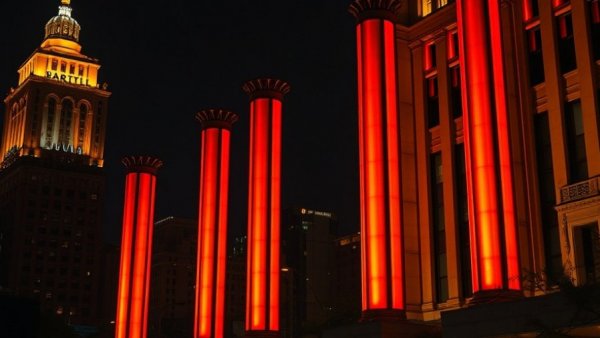 Bartle Hall pylons and nearby lit tower in Kansas City at night.