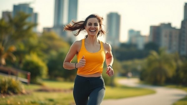 Energetic woman jogging on scenic path for heart health.