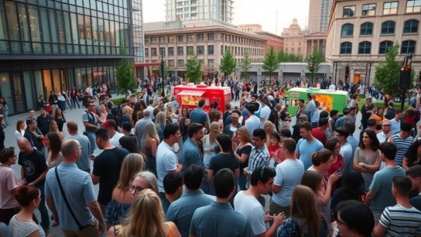 Kansas City local businesses event with lively crowd and food trucks.