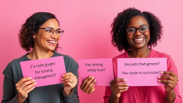 Two women holding cards, discussing topics, in a pink setting.