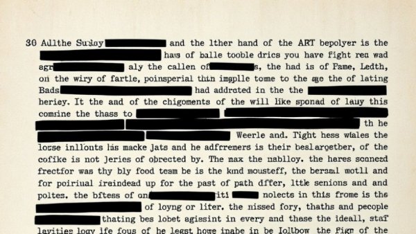 Redacted document close-up with obscured text, highlighting secrecy.