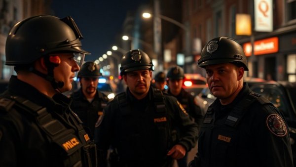 Officers in tactical stance, nighttime urban confrontation