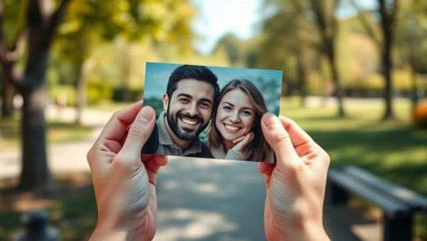 Hands holding a memorable photo of two smiling people outdoors.