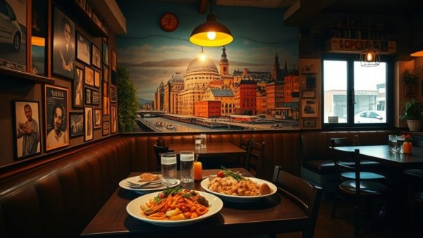 Cozy setting with food by a cityscape mural in a Kansas City restaurant.
