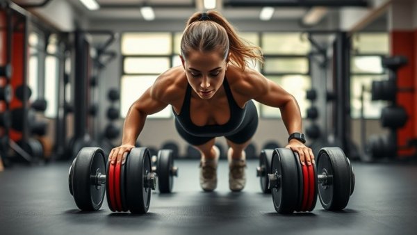 Woman performing 12 O’Clock Pushup Challenge with weights in gym.