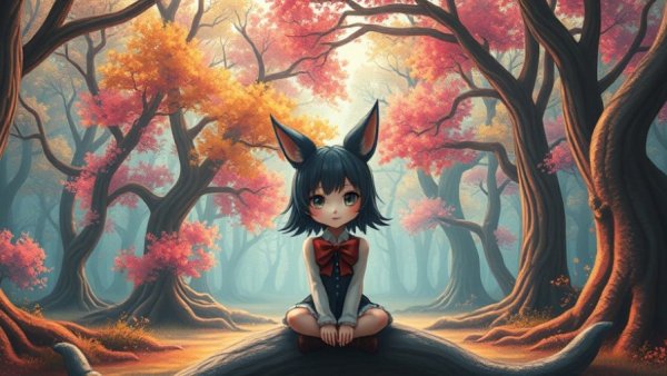 Kansas City local artists collaboration: surreal forest scene with whimsical figure