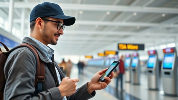 Traveler using United Airlines TSA wait times tracker in airport