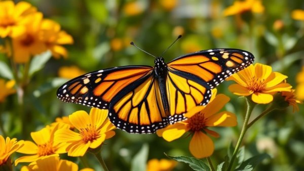 Monarch butterfly on yellow flowers, planting native species in Kansas City garden.