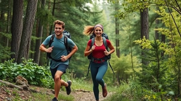 Hiking fitness training in Kansas City on a forest trail.