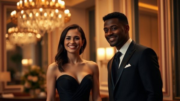 Elegant couple at an upscale event with warm lighting and stylish attire.