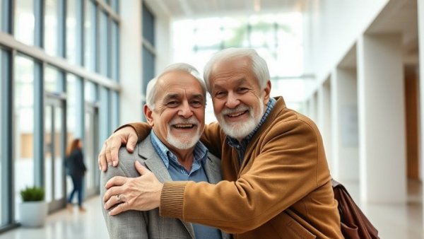 Kauffman Center Volunteer Program: cheerful volunteers embracing in modern lobby.
