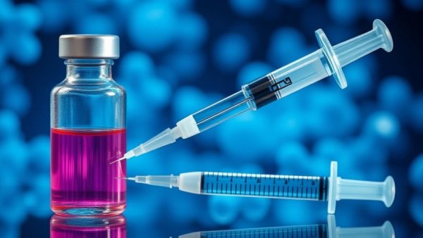 Vial and syringe with molecular design symbolize peptides for longevity.