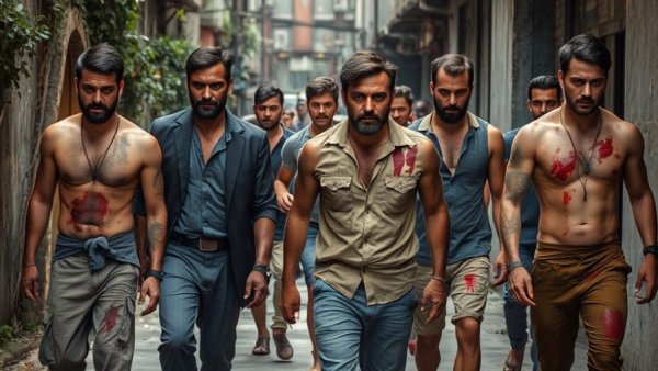 Blazing Fists Takashi Miike scene, battered men walking in urban setting