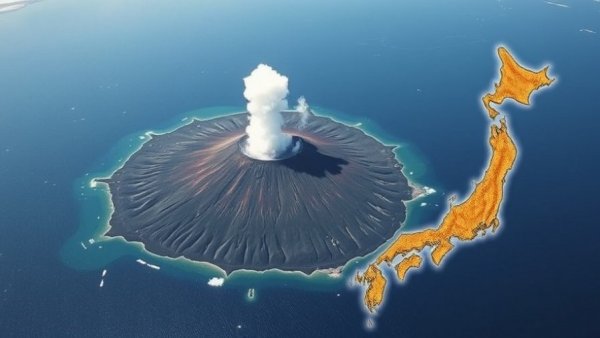 Kikai caldera eruption map and aerial view of volcanic island.