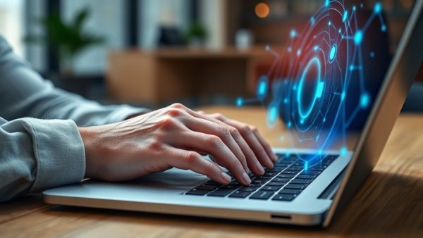 Hands using laptop with AI holographic icons, AI-fueled dementia crisis concept.