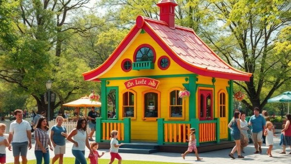 Colorful playhouse in Kansas City park at Parade of Playhouses event.