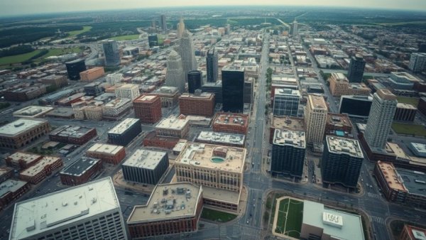 Aerial view of Kansas City's urban landscape, featuring buildings and open spaces, related to Kansas City Royals ballpark plans.