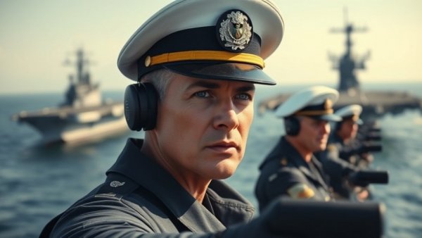Naval personnel observing an aircraft carrier at sea.
