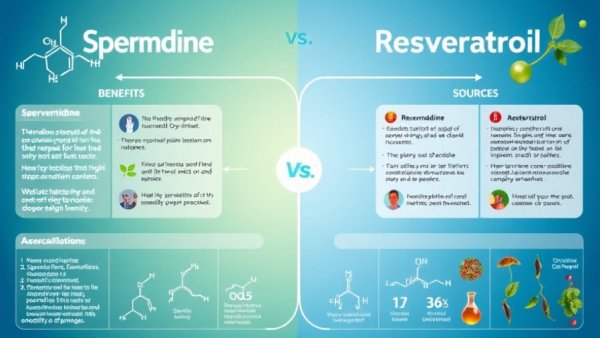 Spermidine vs Resveratrol comparison chart showing cellular health benefits and sources.