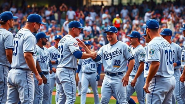 Kansas City Royals victory celebration with players congratulating.