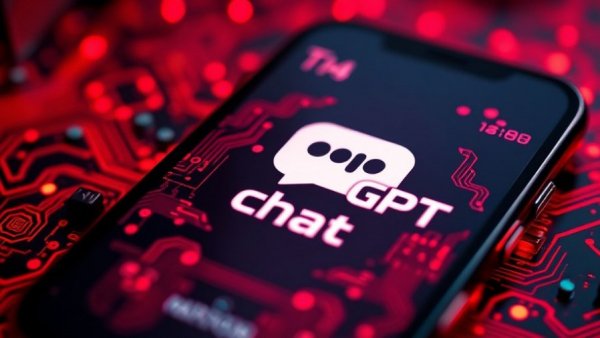 ChatGPT logo on phone screen, red circuit board background.